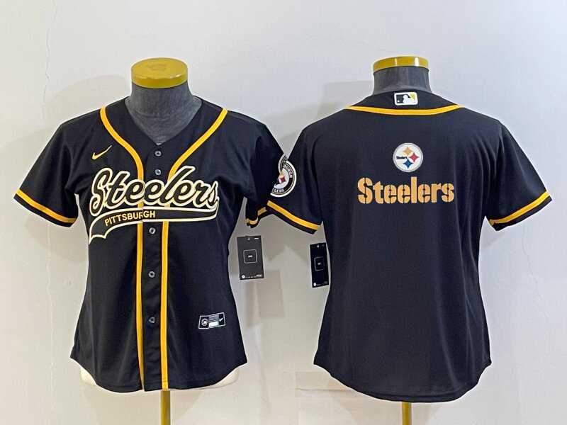 Women%27s Pittsburgh Steelers Black Team Big Logo With Patch Cool Base Stitched Baseball Jersey